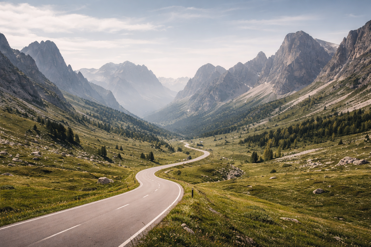 Open valley road in the Dolomites in late spring